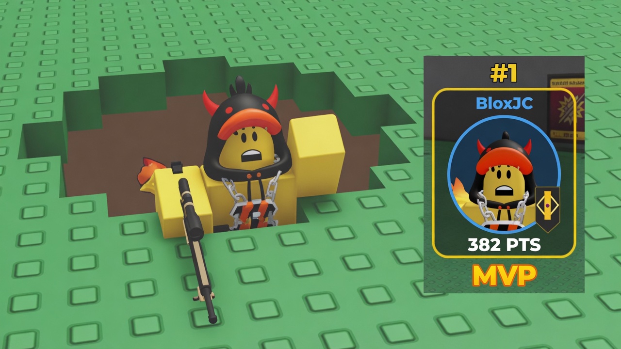 Underground War 2.0 player climbing out of a dug dirt hole with a sniper and shovel after an MVP round