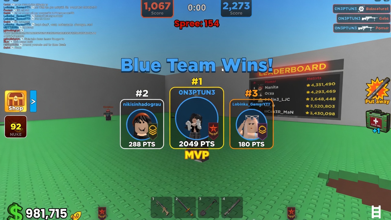 Underground War 2.0 HUD showing a Blue Team win, scoreboard, tool hotbar, cash, and the nuke button